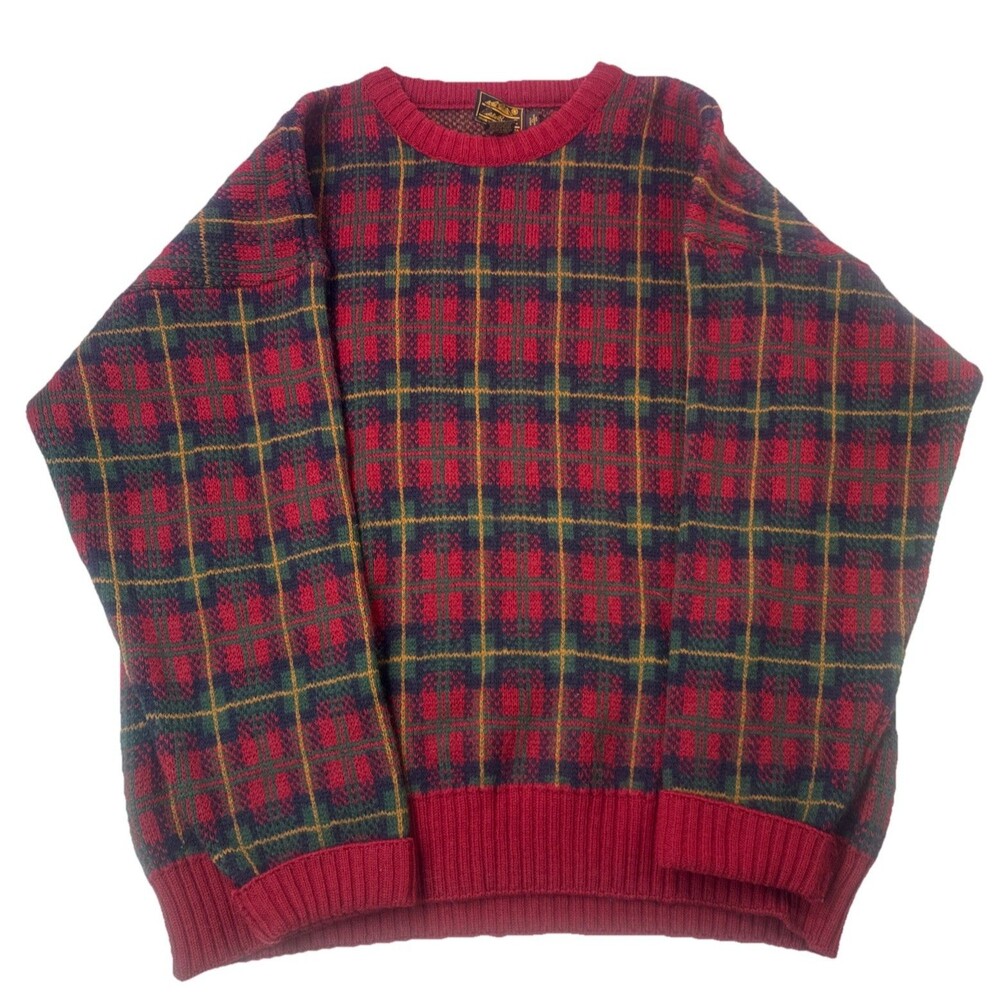 VTG Eddie Bauer Mens Red Plaid Long Sleeve Wool Sweater Size Men’s XLMade in USA - Picture 2 of 8